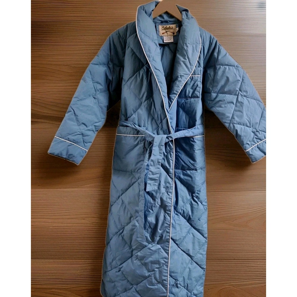 CABELAS Vintage Goose Down Quilted House Robe Belted Coat Blue M RN56835